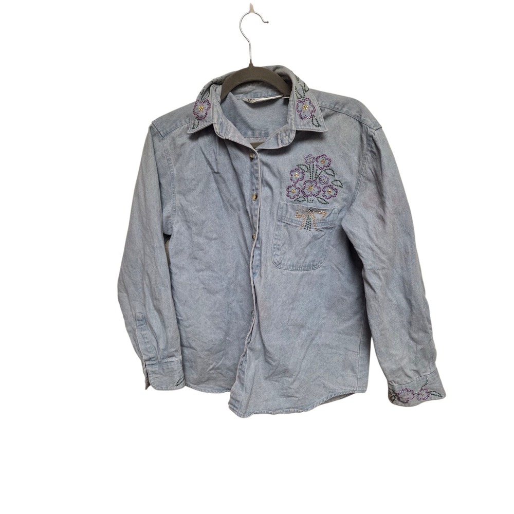 Draper's & Damon's Embellished Denim‎ Shirt Floral Rhinestone Western Small